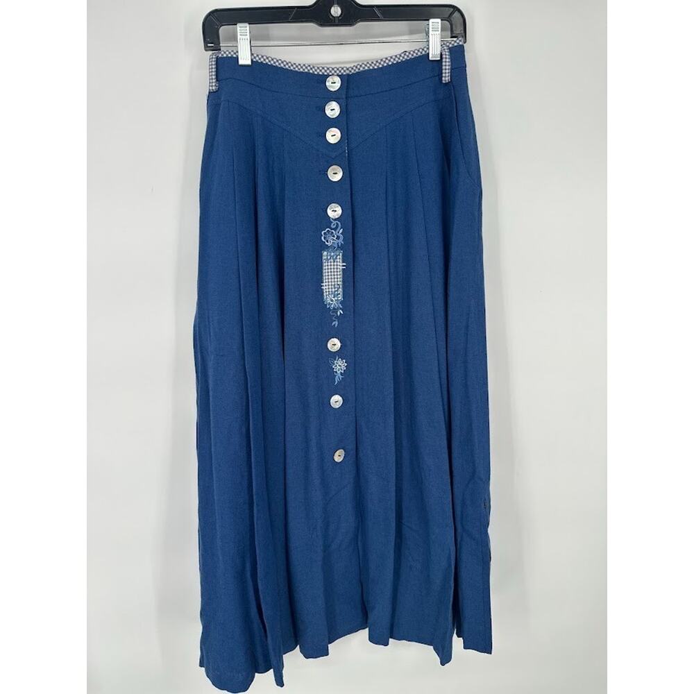 VTG PERRY LANDHAUS Pleated Maxi Skirt Linen Blend Blue Cottage Gingham Size 10